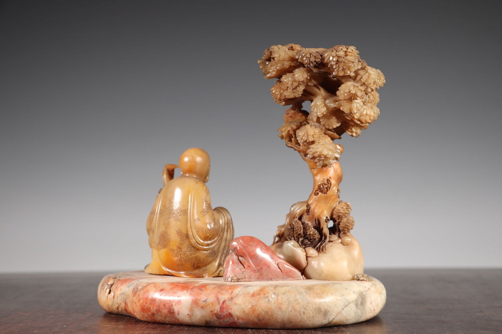 Vintage Chinese Shoushan Stone Carved Arhat Statue w Base - 6