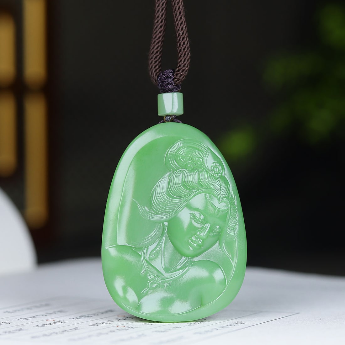 Superb Chinese Green Hetian Jade Low Relief Beautiful Woman Pendant (1 of 6)