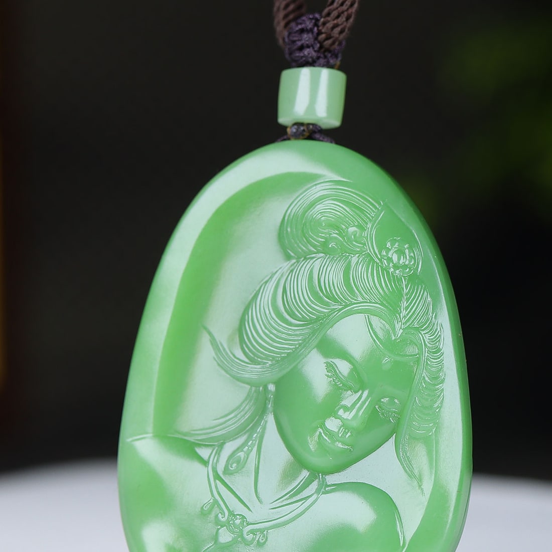 Superb Chinese Green Hetian Jade Low Relief Beautiful Woman Pendant - 4