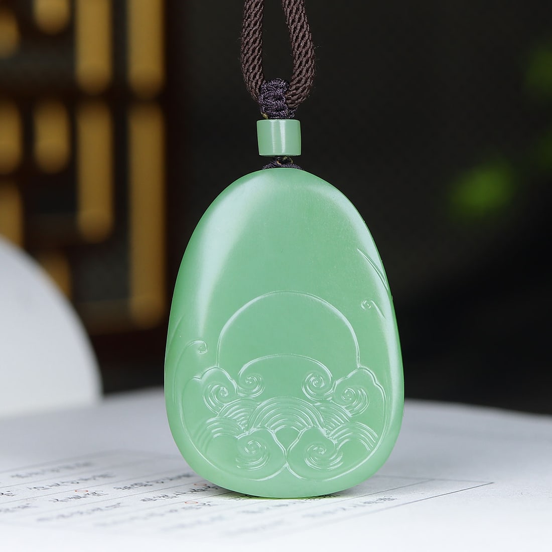 Superb Chinese Green Hetian Jade Low Relief Beautiful Woman Pendant - 5