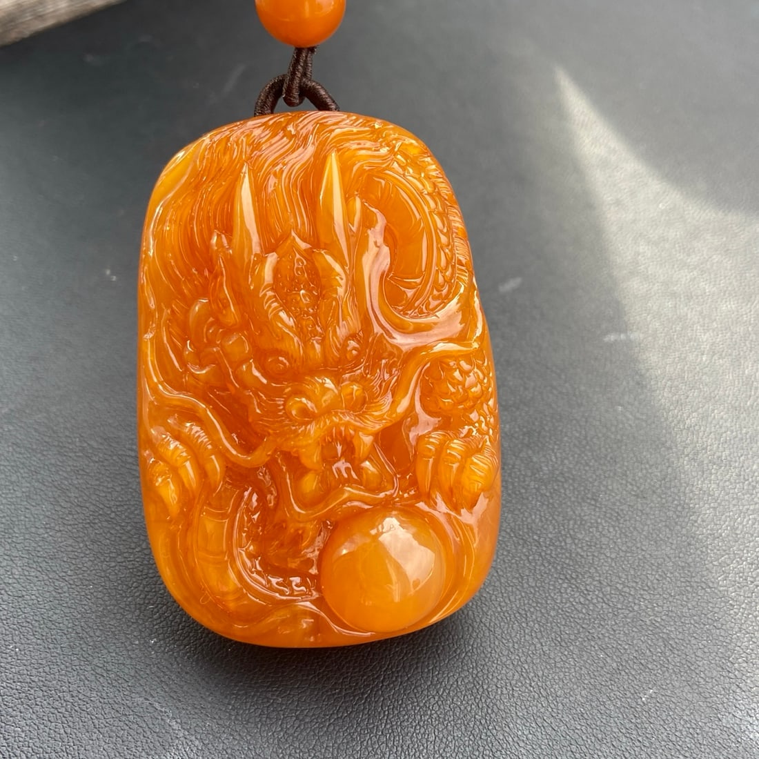 Beautiful Beeswax Carved Fortune Dragon Pendant - 2