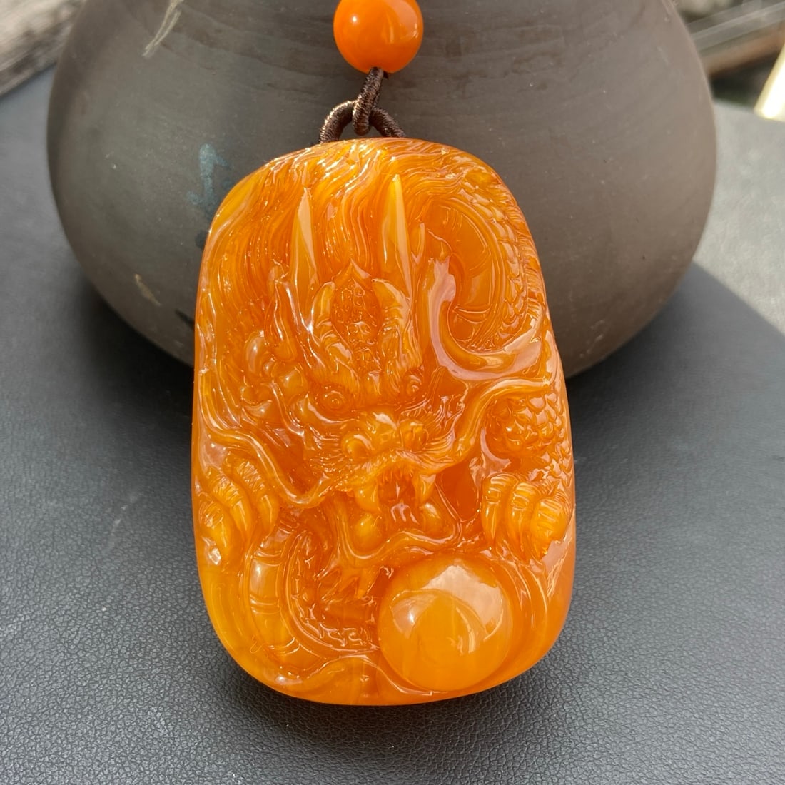 Beautiful Beeswax Carved Fortune Dragon Pendant - 4