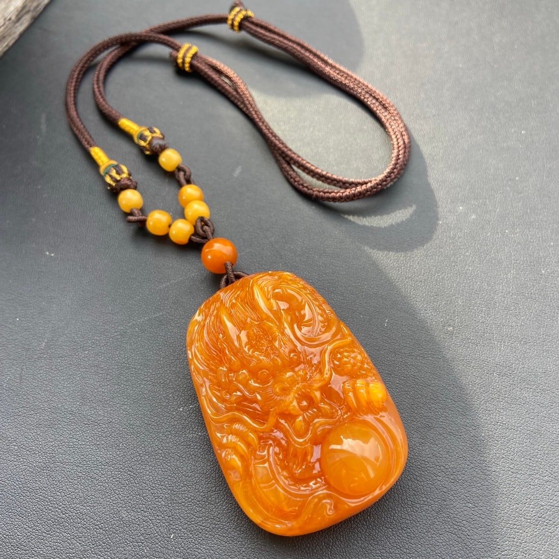 Beautiful Beeswax Carved Fortune Dragon Pendant - 5