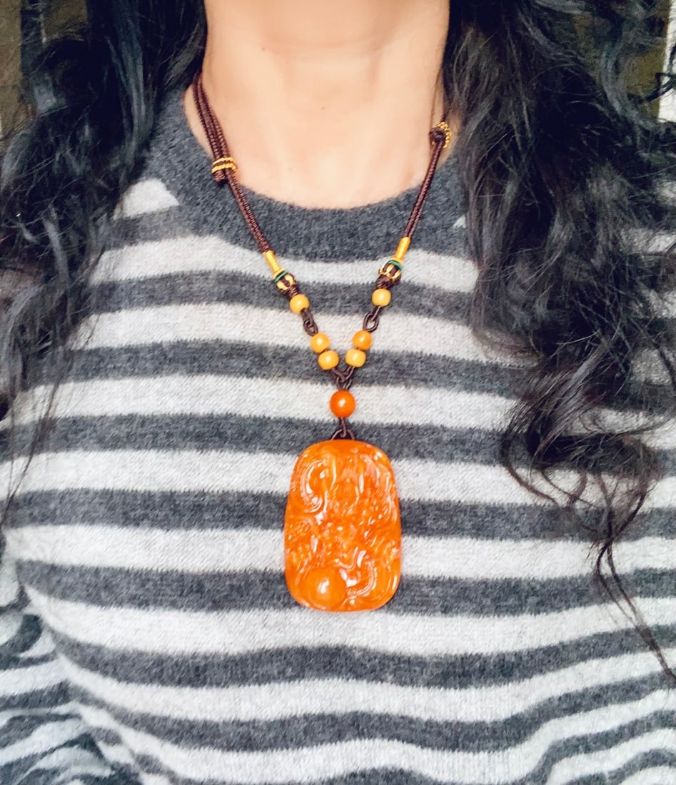 Beautiful Beeswax Carved Fortune Dragon Pendant - 6