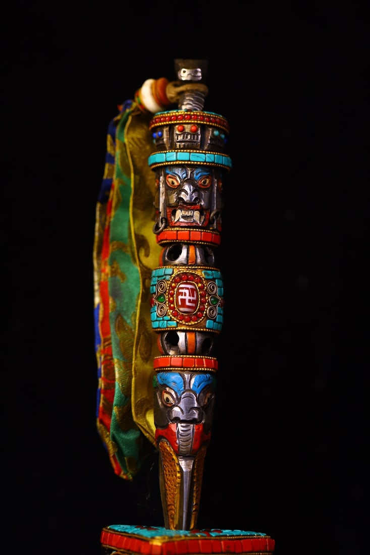 Vintage Copper Inlay Turquoise & DZI Agate & Gems Dharma-vessel Statue - 2