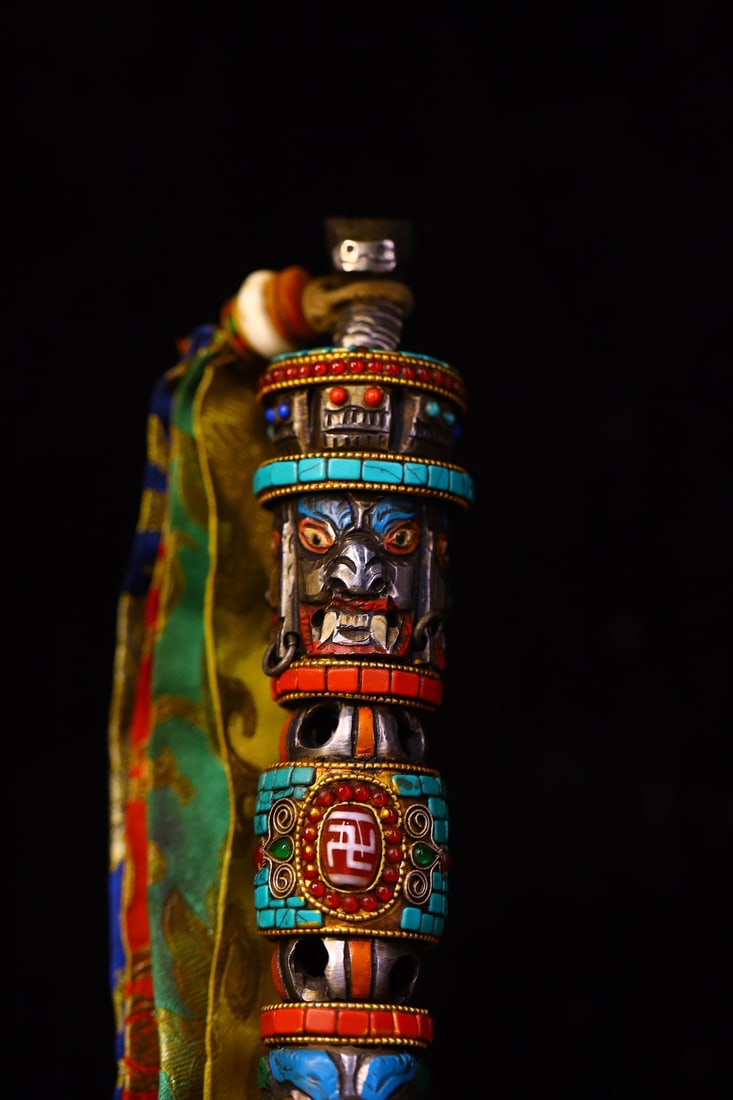 Vintage Copper Inlay Turquoise & DZI Agate & Gems Dharma-vessel Statue - 3