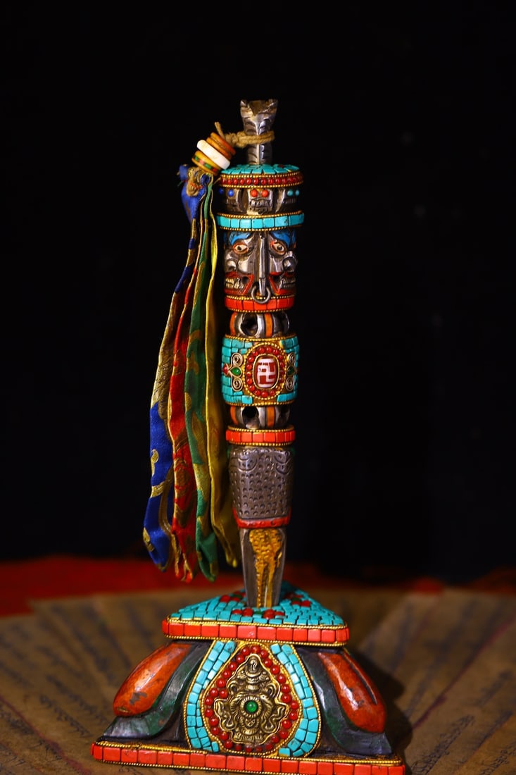 Vintage Copper Inlay Turquoise & DZI Agate & Gems Dharma-vessel Statue - 4