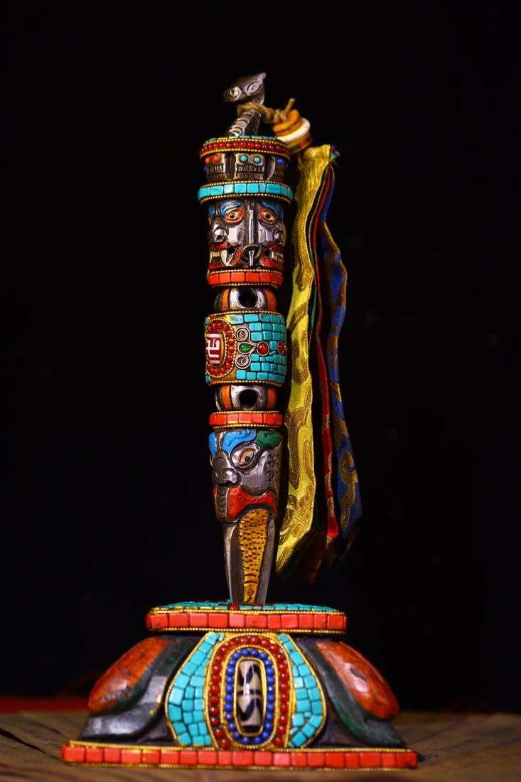 Vintage Copper Inlay Turquoise & DZI Agate & Gems Dharma-vessel Statue - 5