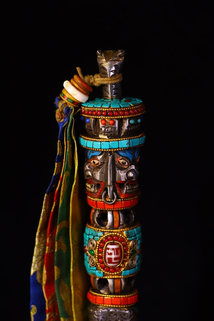 Vintage Copper Inlay Turquoise & DZI Agate & Gems Dharma-vessel Statue - 6