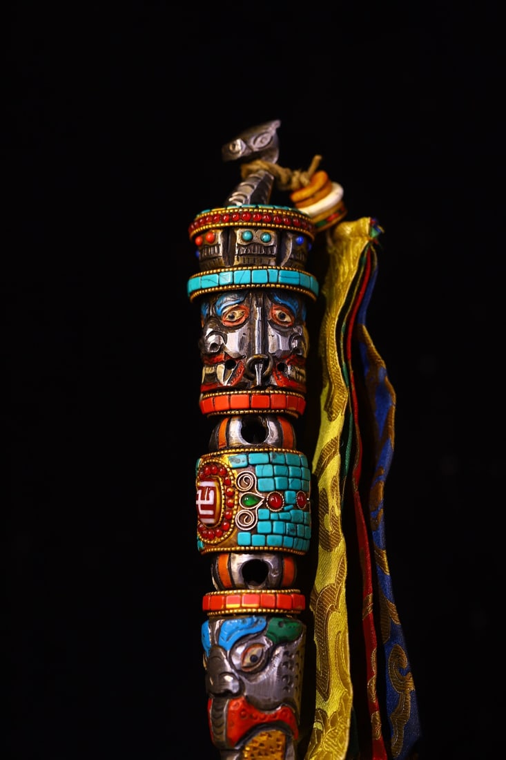 Vintage Copper Inlay Turquoise & DZI Agate & Gems Dharma-vessel Statue - 7