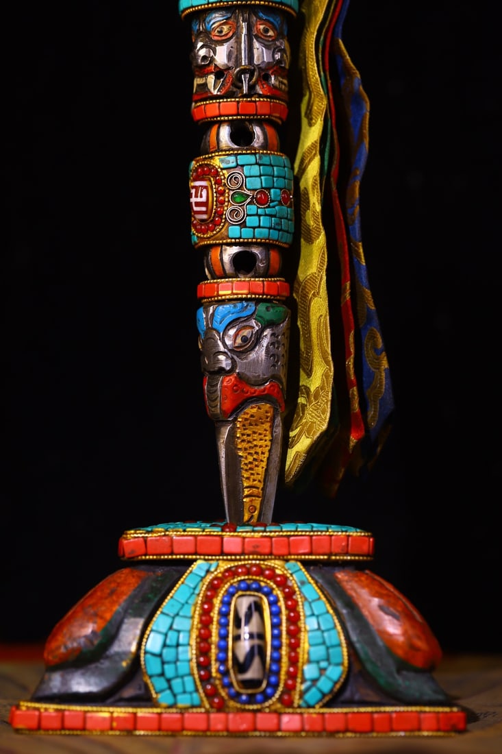 Vintage Copper Inlay Turquoise & DZI Agate & Gems Dharma-vessel Statue - 8