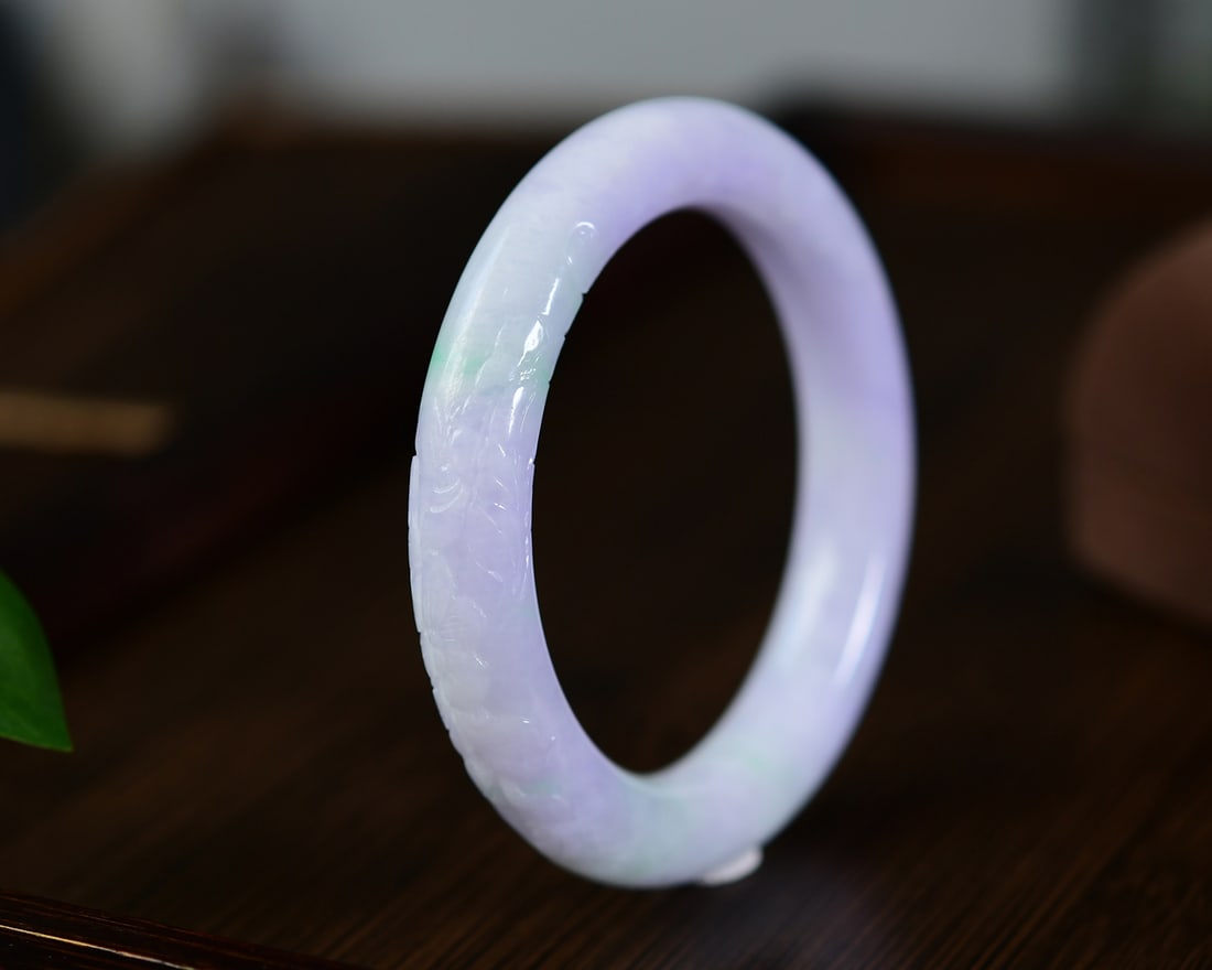 Inside Diameter 56.7mm Exquisite Purple Jadeite Carved Flowers Design Bracelet (1 of 6)