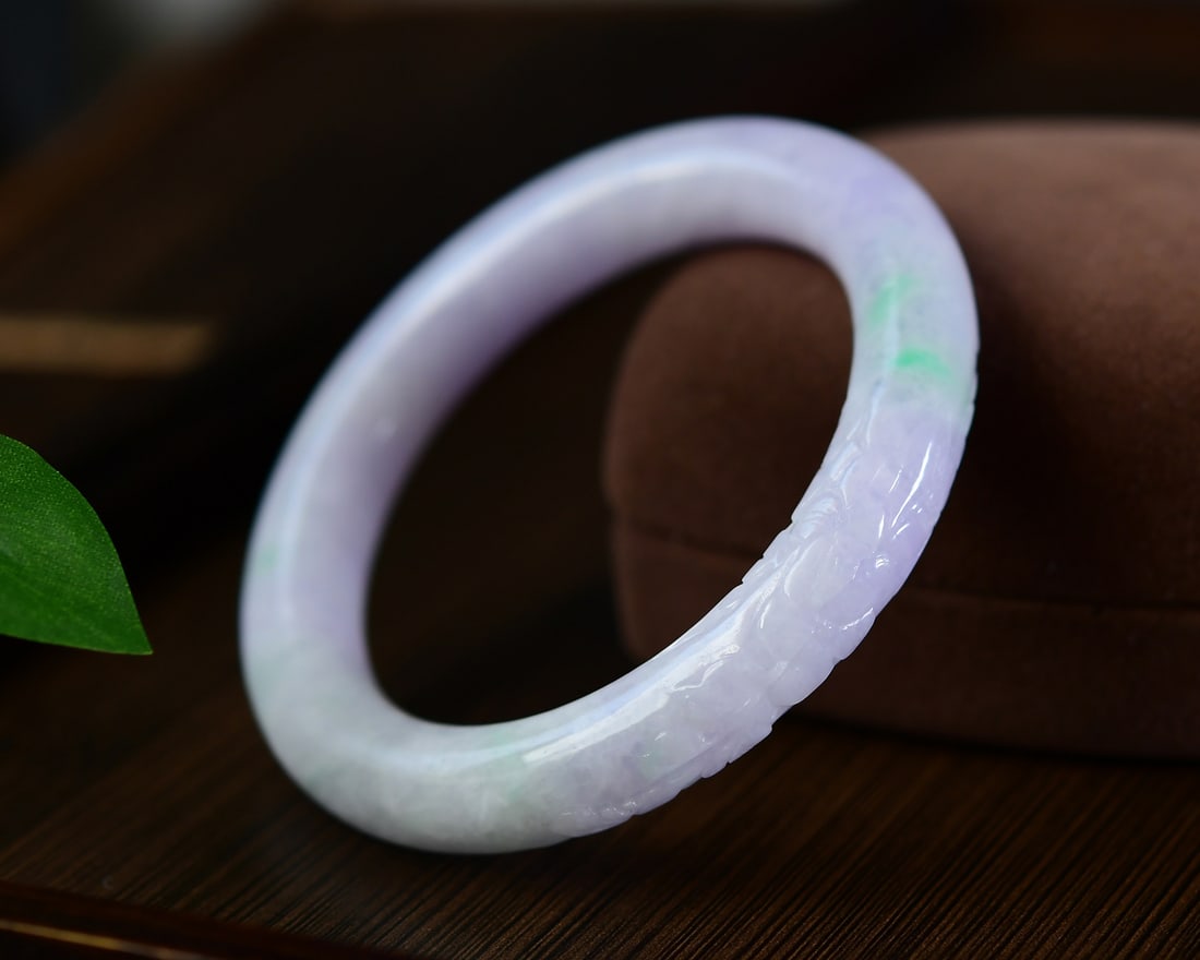 Inside Diameter 56.7mm Exquisite Purple Jadeite Carved Flowers Design Bracelet - 2