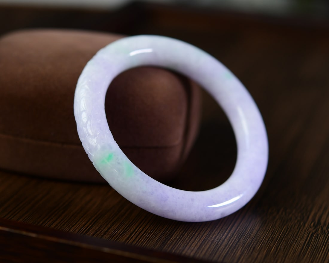 Inside Diameter 56.7mm Exquisite Purple Jadeite Carved Flowers Design Bracelet - 3