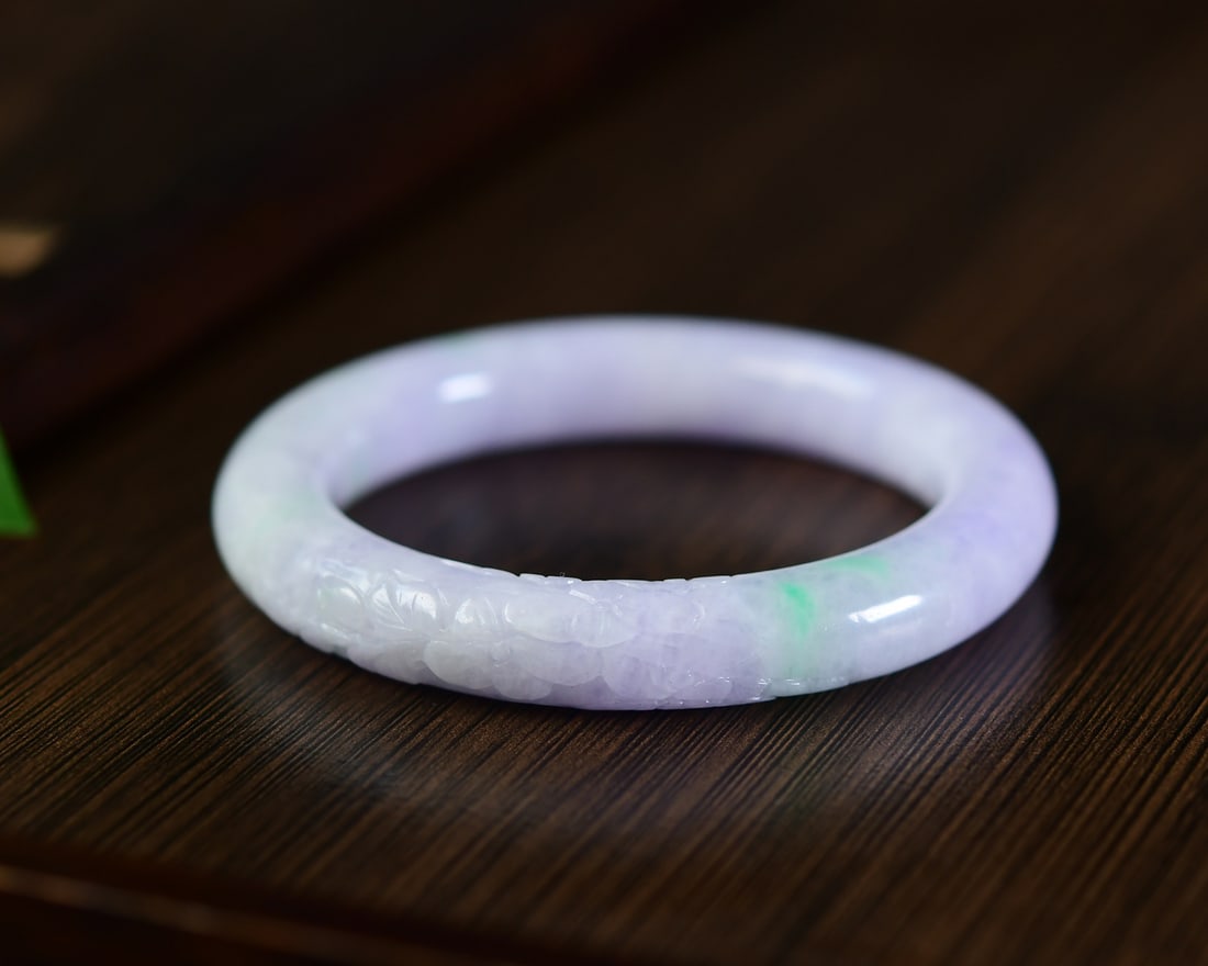 Inside Diameter 56.7mm Exquisite Purple Jadeite Carved Flowers Design Bracelet - 4