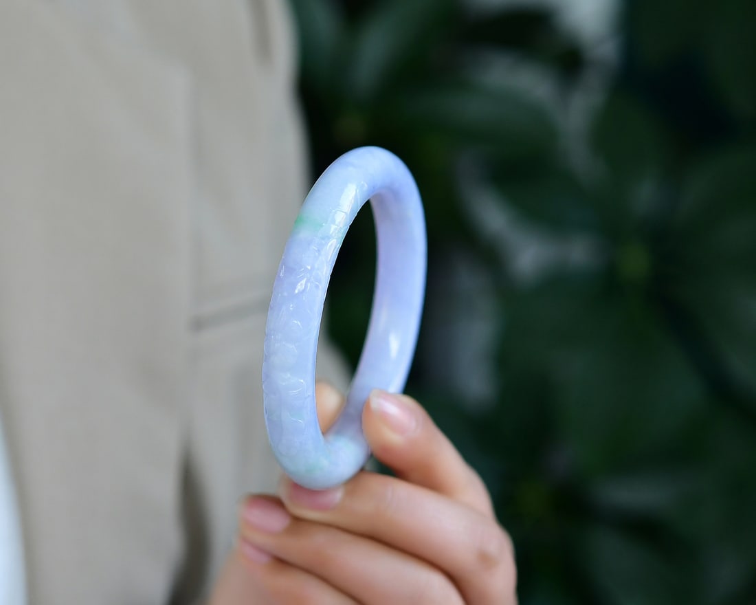 Inside Diameter 56.7mm Exquisite Purple Jadeite Carved Flowers Design Bracelet - 6