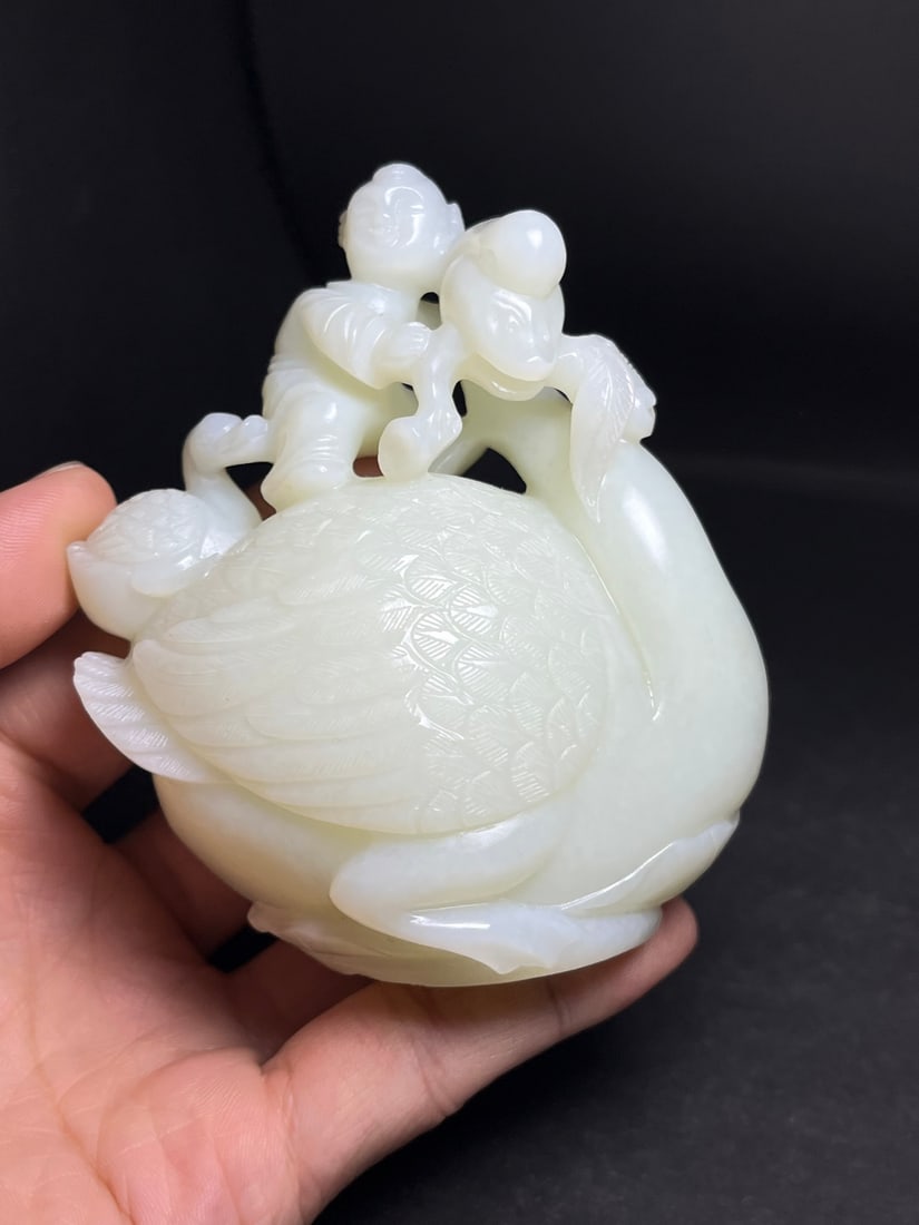 Superb Chinese White Hetian Jade Carved Swan & Kid Statue (1 of 8)