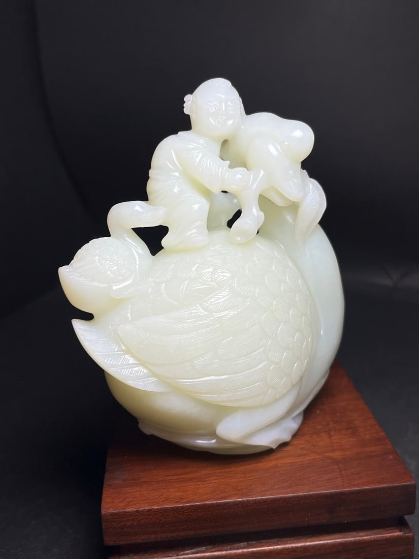 Superb Chinese White Hetian Jade Carved Swan & Kid Statue - 3