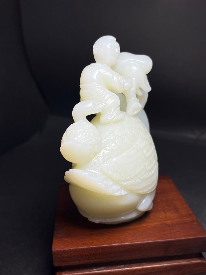 Superb Chinese White Hetian Jade Carved Swan & Kid Statue - 4