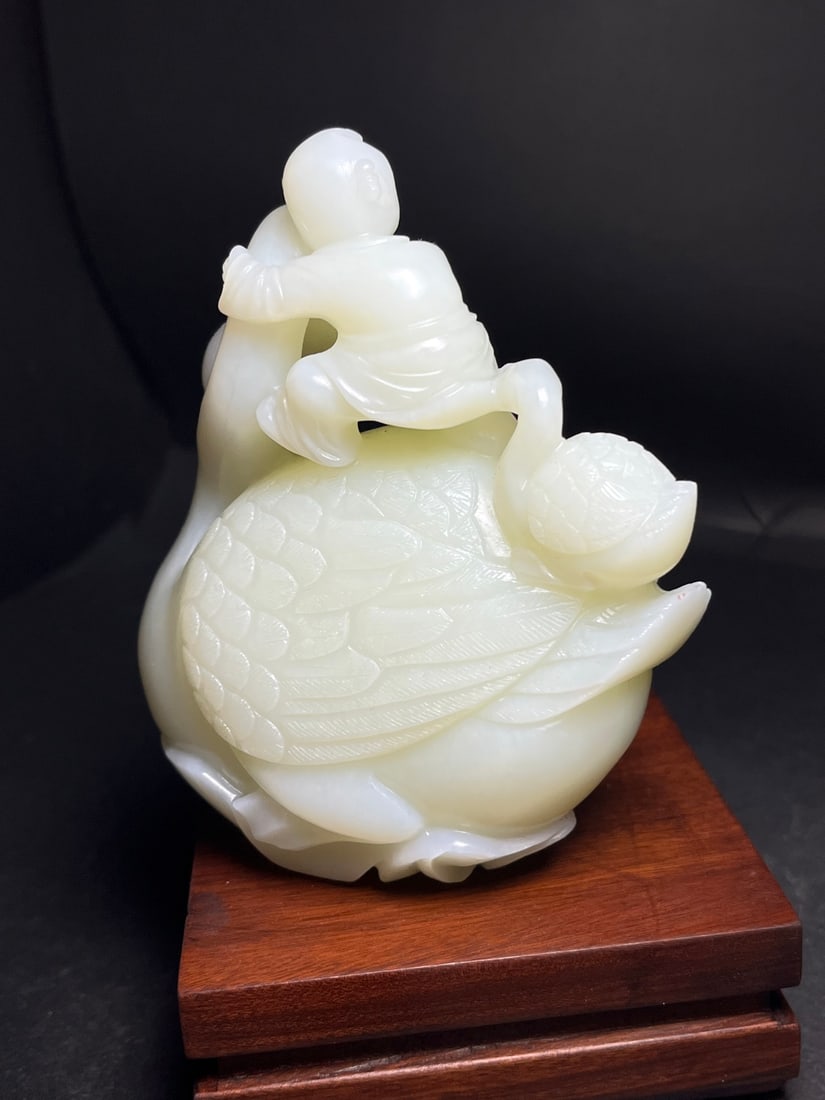 Superb Chinese White Hetian Jade Carved Swan & Kid Statue - 5