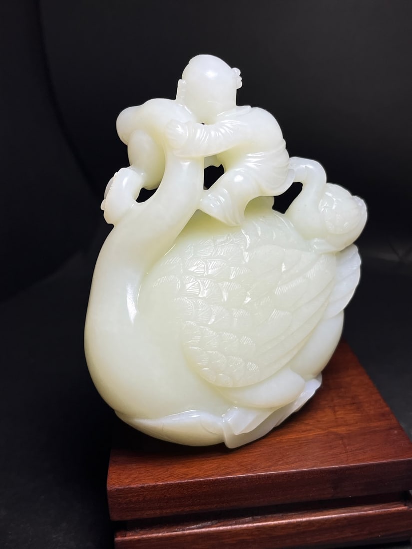 Superb Chinese White Hetian Jade Carved Swan & Kid Statue - 7
