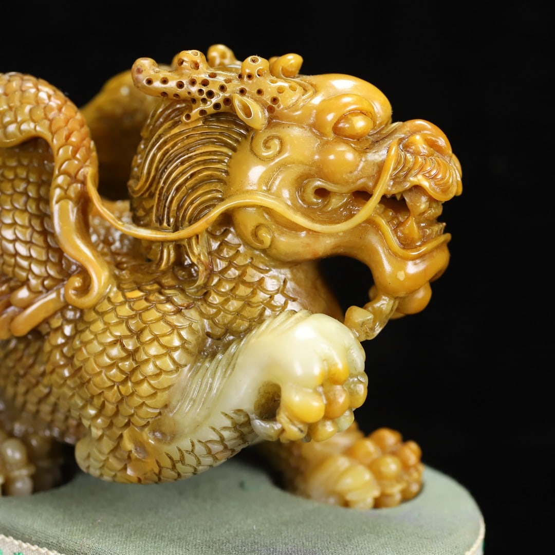 Superb Vintage Chinese Tianhuang Stone Carved Fortune Kylin Statue - 6