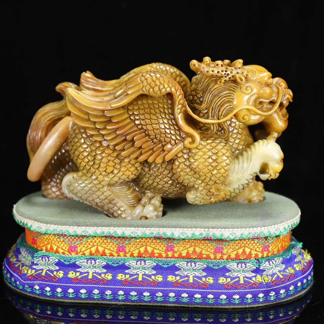 Superb Vintage Chinese Tianhuang Stone Carved Fortune Kylin Statue - 7