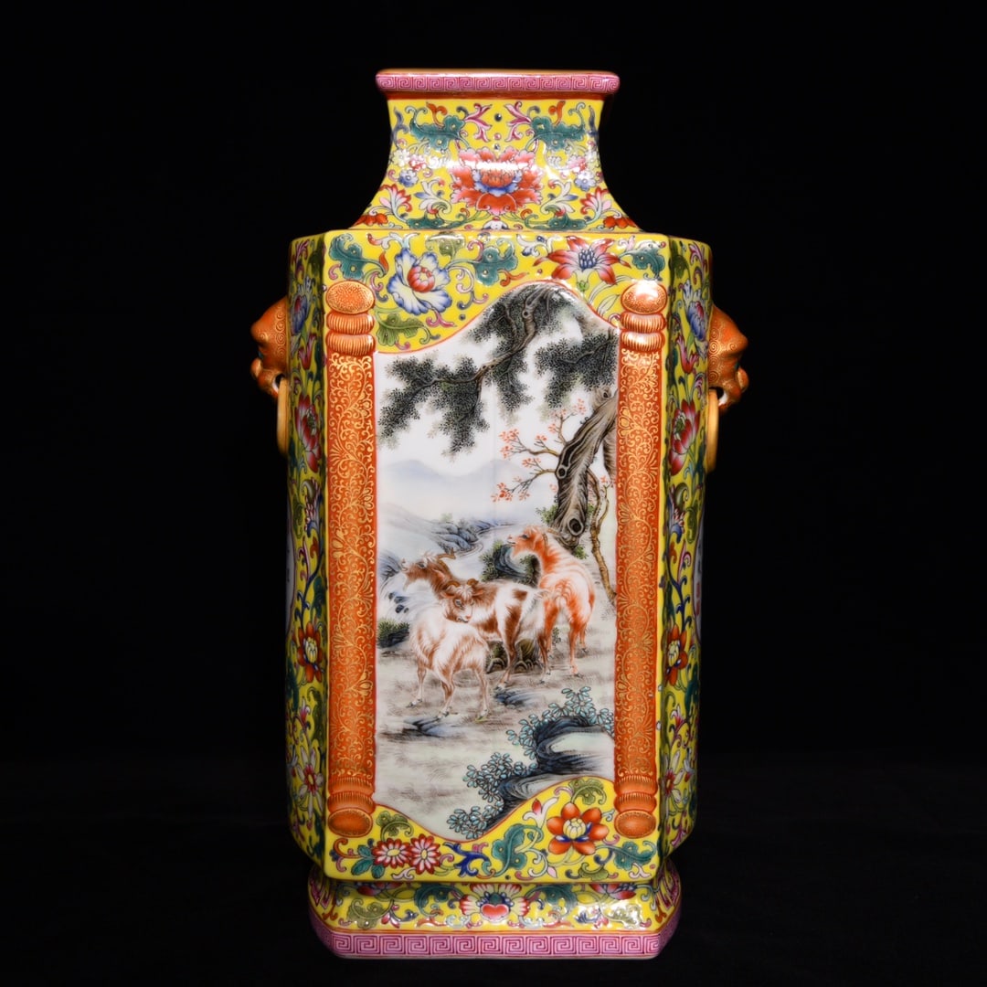 Chinese Qing Dynasty Gilt Edge Famille Rose Three Sheep Design Porcelain Vase (1 of 9)