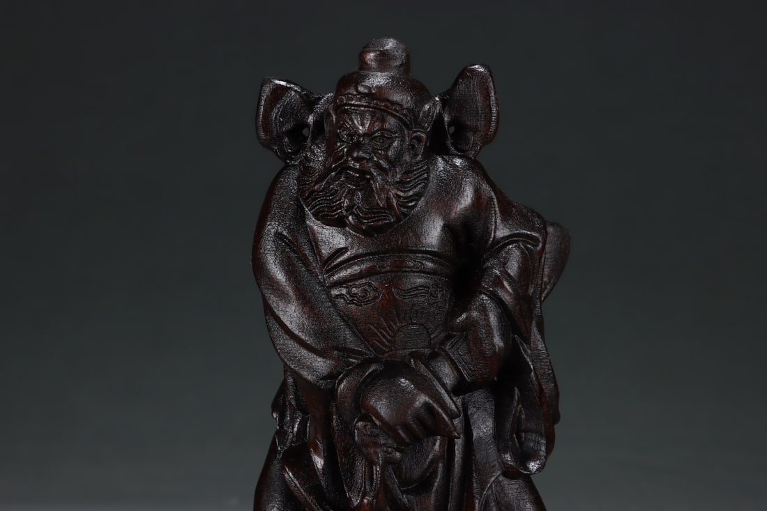 Vintage Chenxiang Wood Carved Heavenly Ghostcatcher Statue w Box - 2