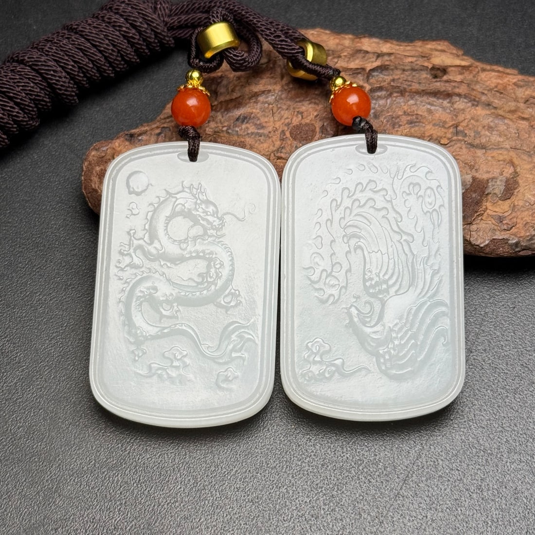 A Pair Chinese Hetian Jade Low Relief Dragon Phoenix Pendant (1 of 9)
