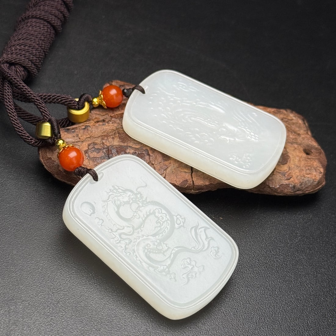 A Pair Chinese Hetian Jade Low Relief Dragon Phoenix Pendant - 3