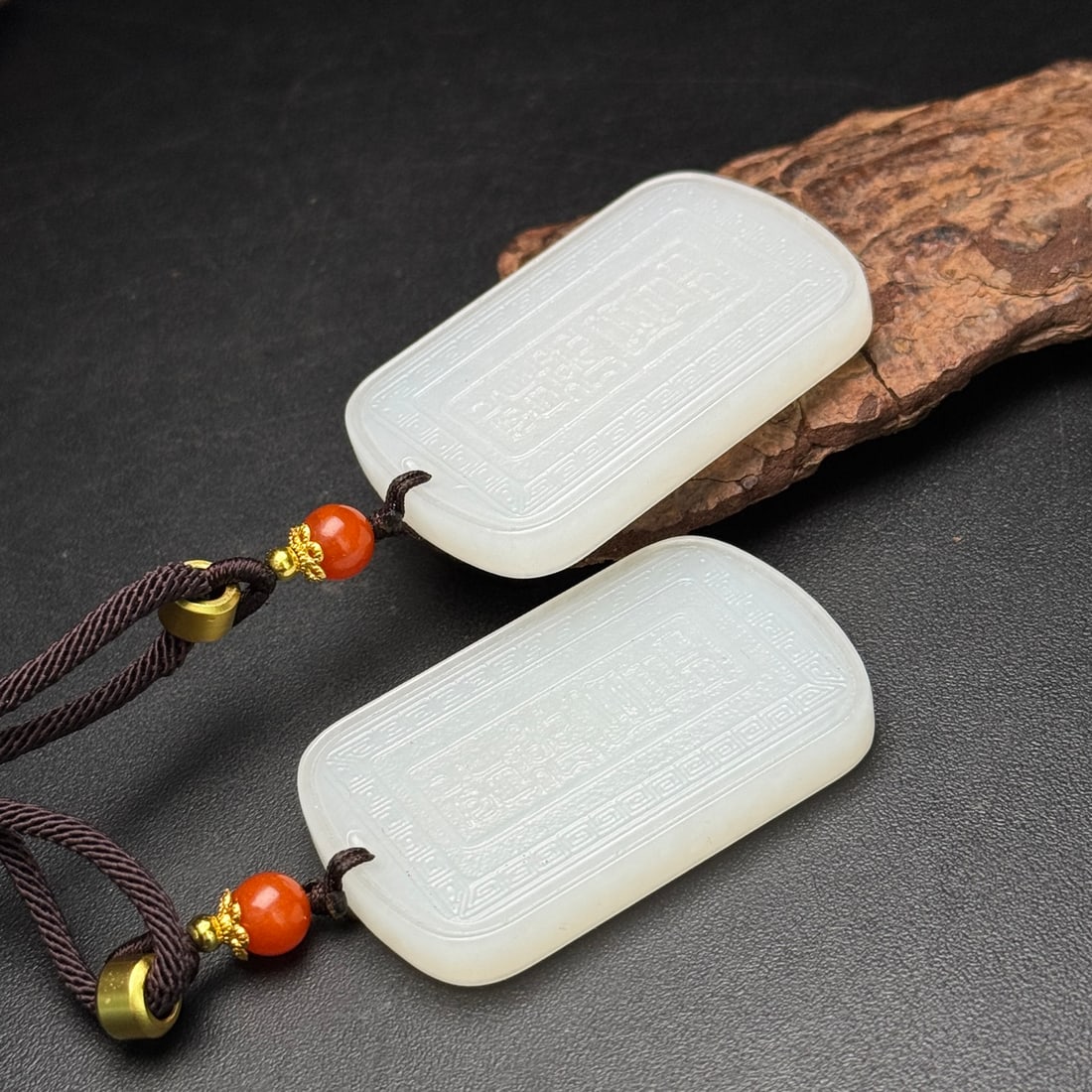 A Pair Chinese Hetian Jade Low Relief Dragon Phoenix Pendant - 4