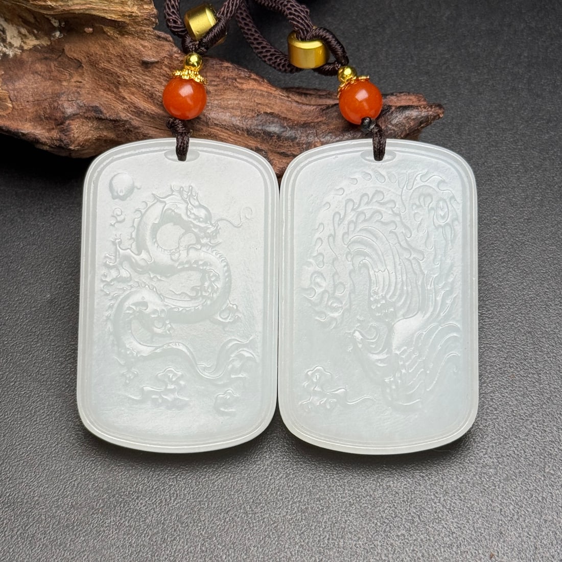 A Pair Chinese Hetian Jade Low Relief Dragon Phoenix Pendant - 7