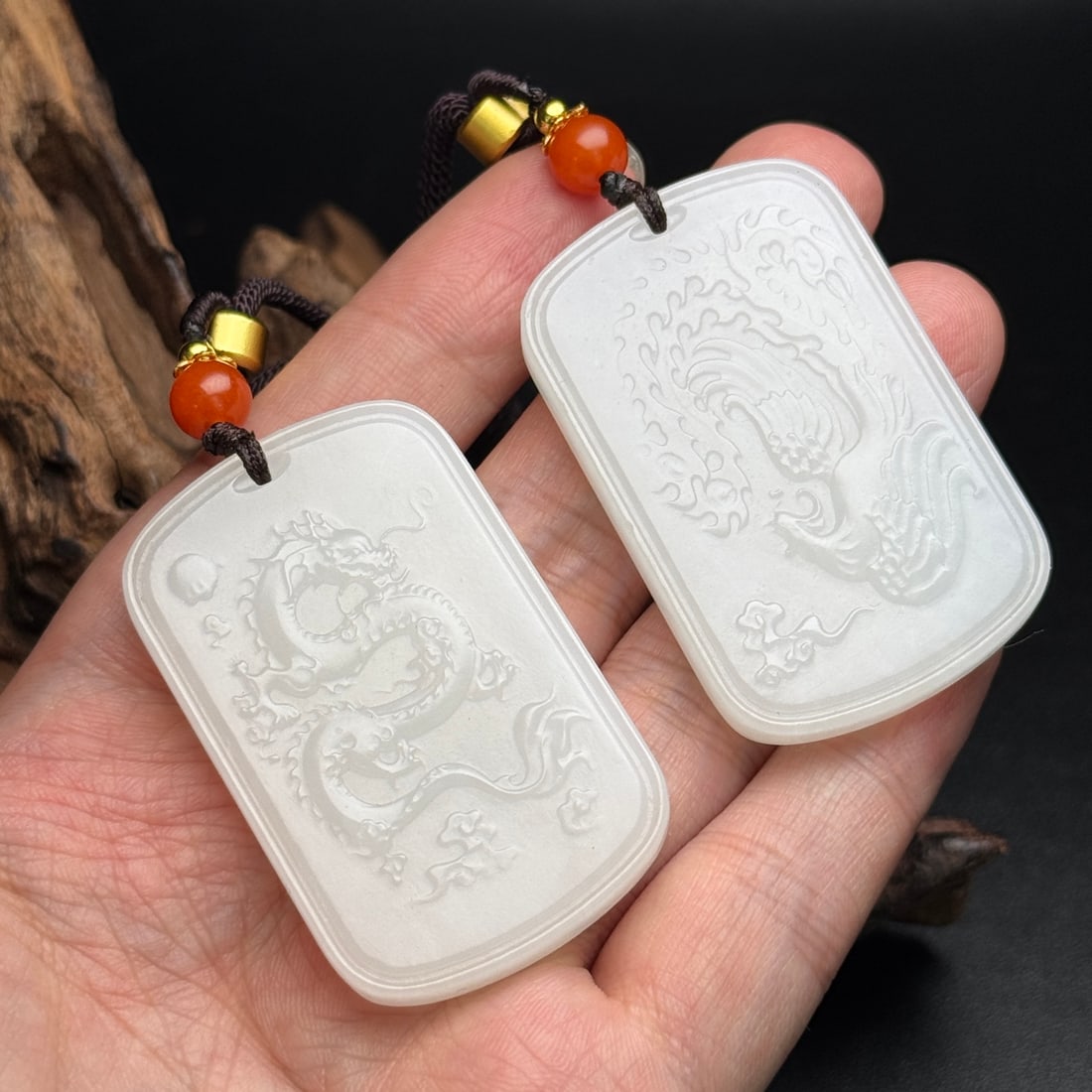 A Pair Chinese Hetian Jade Low Relief Dragon Phoenix Pendant - 8