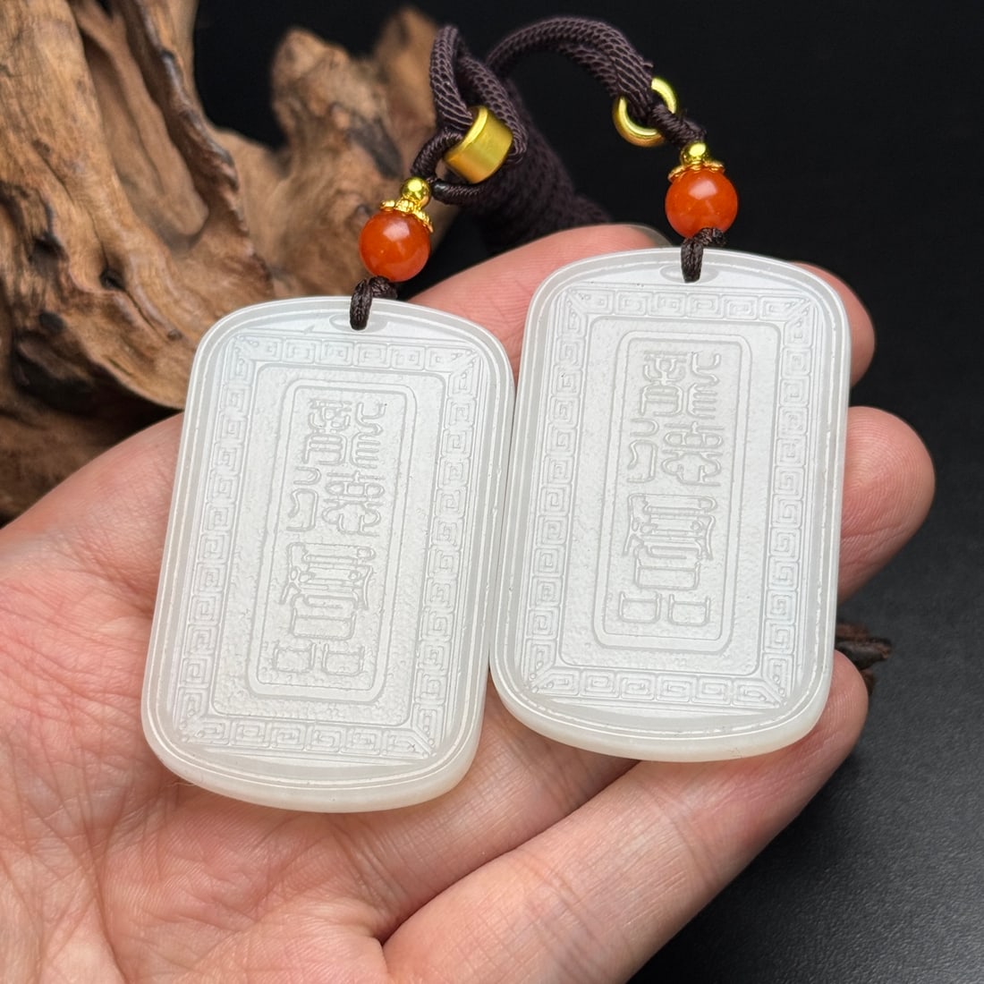 A Pair Chinese Hetian Jade Low Relief Dragon Phoenix Pendant - 9