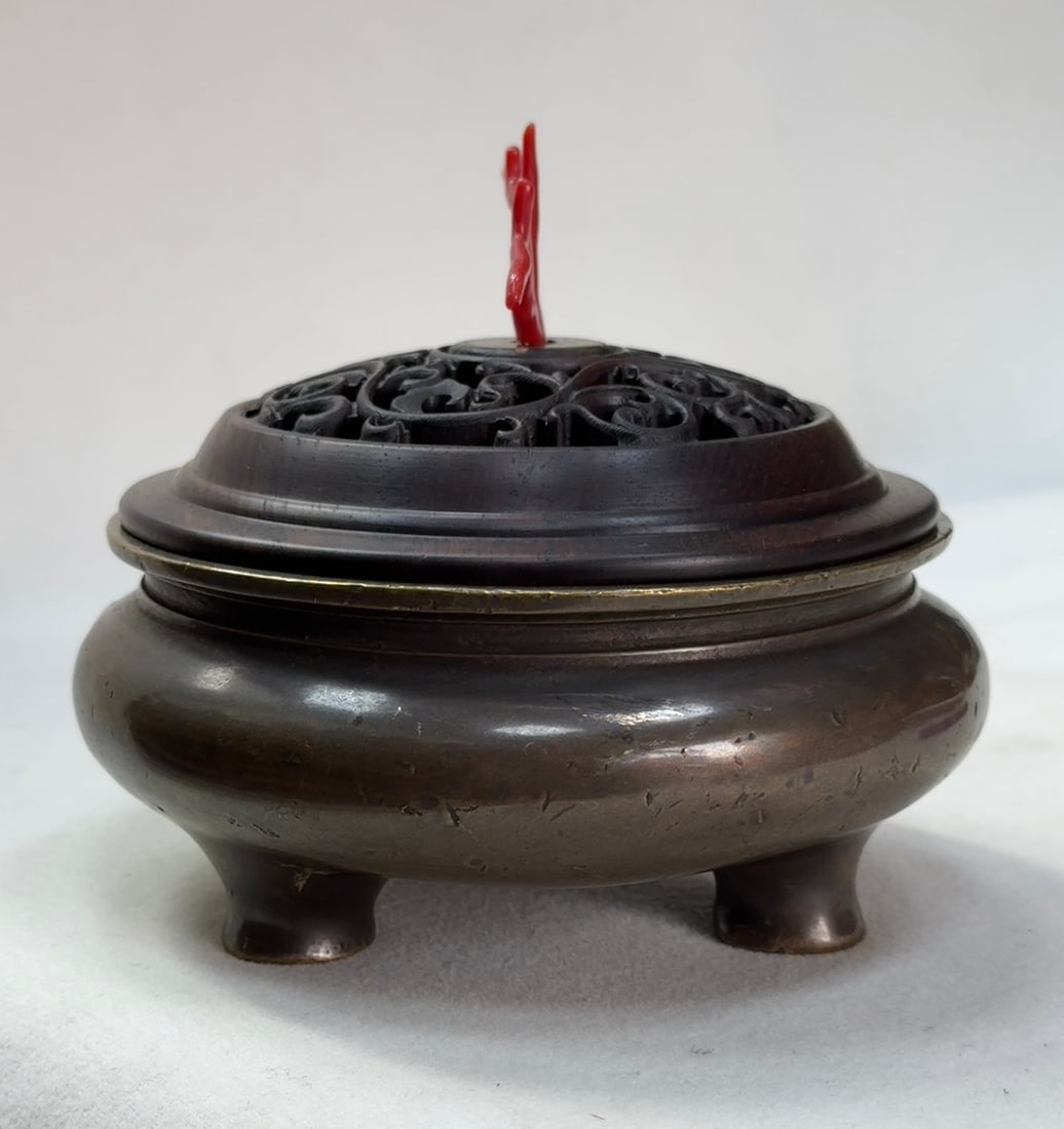 Chinese Copper 3 Legs Incense Burner w Zitan Wood Lid - 2
