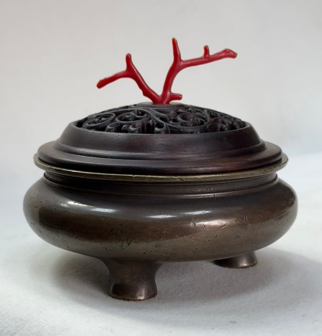 Chinese Copper 3 Legs Incense Burner w Zitan Wood Lid - 4