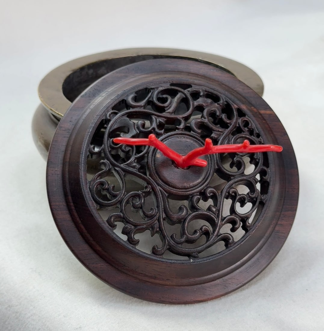 Chinese Copper 3 Legs Incense Burner w Zitan Wood Lid - 5