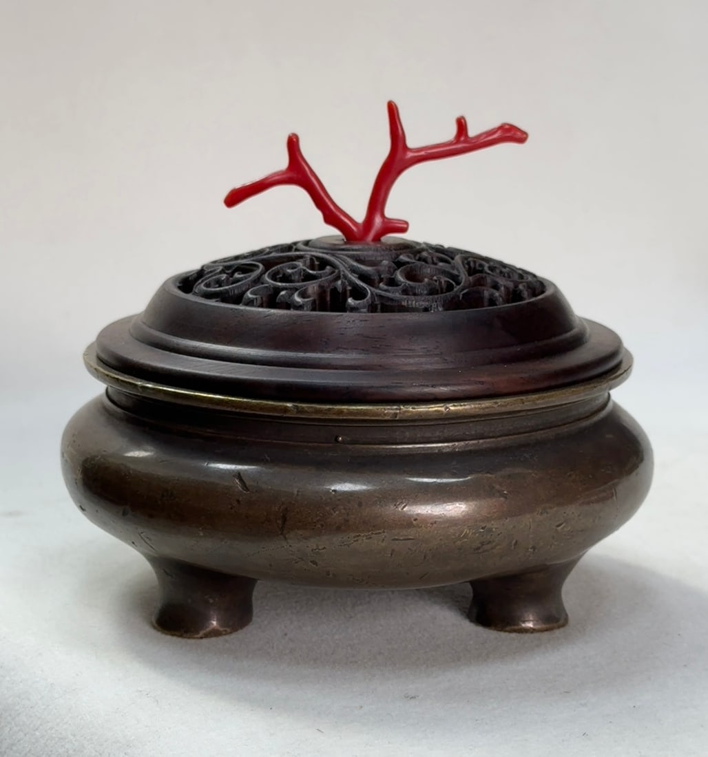 Chinese Copper 3 Legs Incense Burner w Zitan Wood Lid - 6