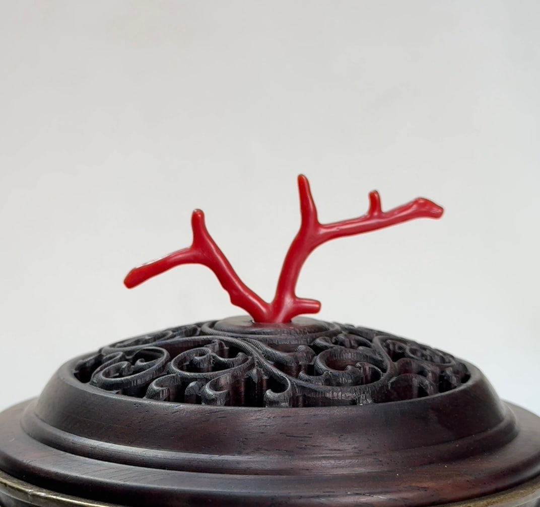 Chinese Copper 3 Legs Incense Burner w Zitan Wood Lid - 9