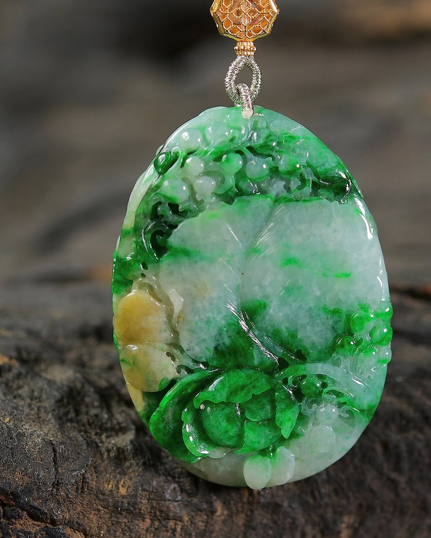 High Quality Green Jadeite Carved Flower Bird Pendant w Jadeite Beads Necklace - 2