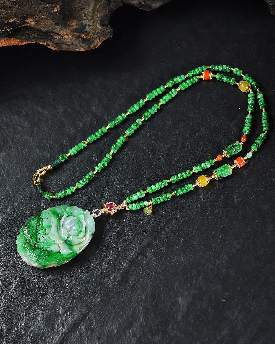 High Quality Green Jadeite Carved Flower Bird Pendant w Jadeite Beads Necklace - 3