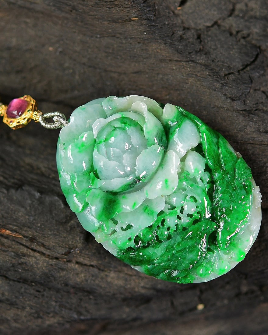 High Quality Green Jadeite Carved Flower Bird Pendant w Jadeite Beads Necklace - 4