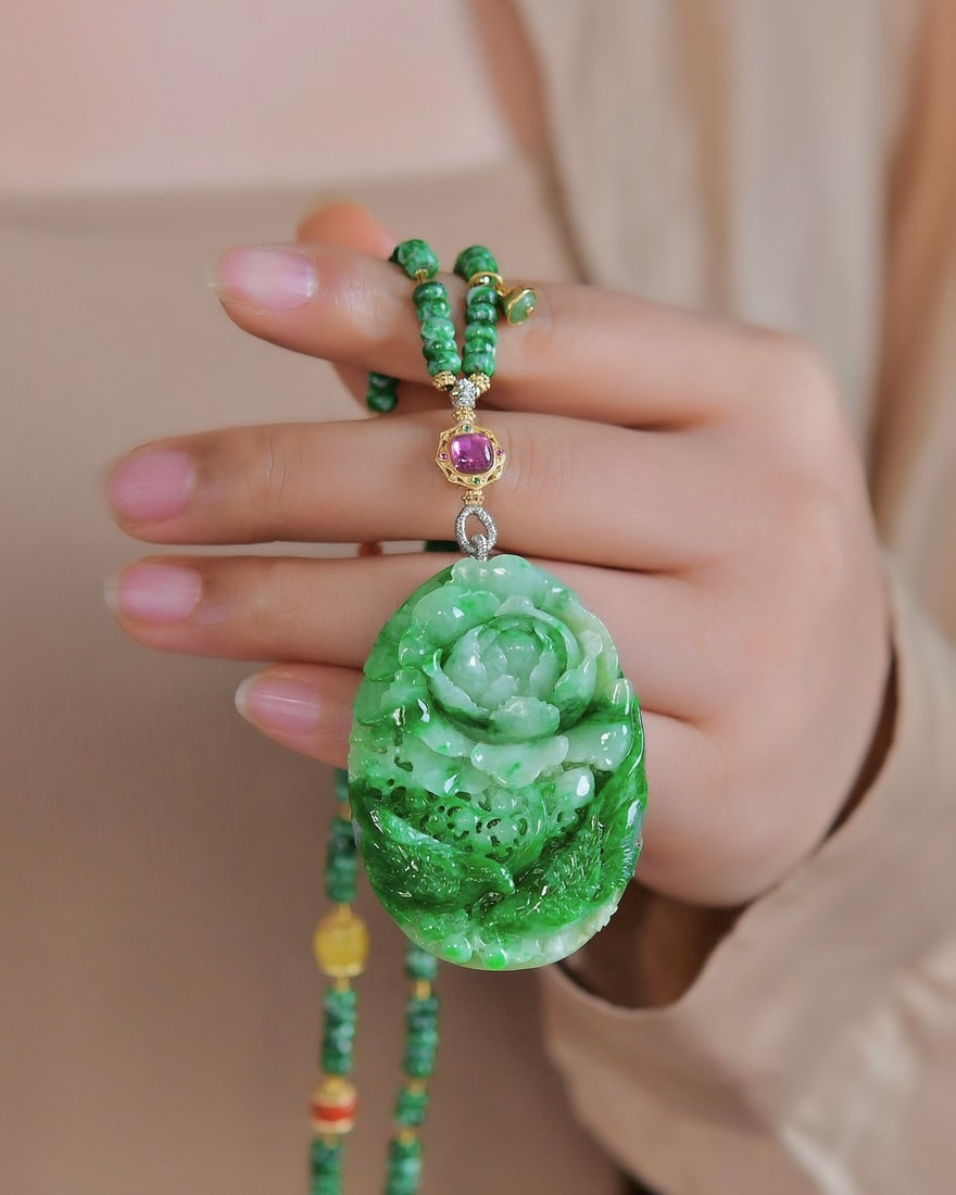 High Quality Green Jadeite Carved Flower Bird Pendant w Jadeite Beads Necklace - 5
