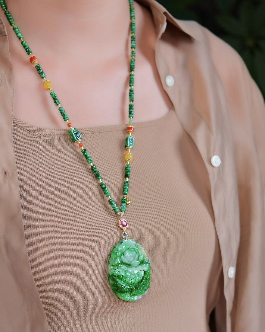 High Quality Green Jadeite Carved Flower Bird Pendant w Jadeite Beads Necklace - 6