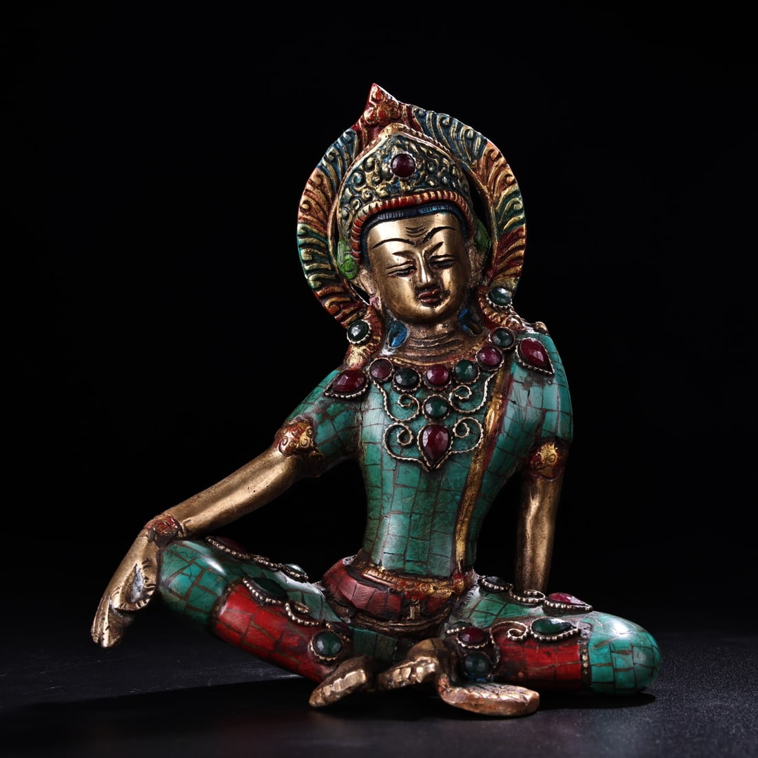 Tibetan Buddhism Gilt Gold Copper Inlay Turquoise & Gems Tara Statue (1 of 9)