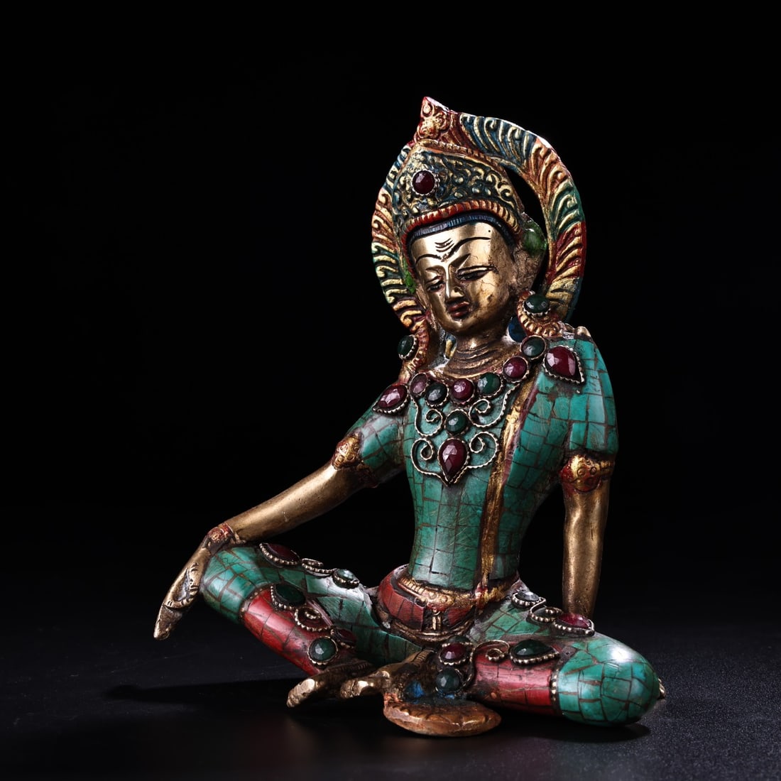 Tibetan Buddhism Gilt Gold Copper Inlay Turquoise & Gems Tara Statue - 3