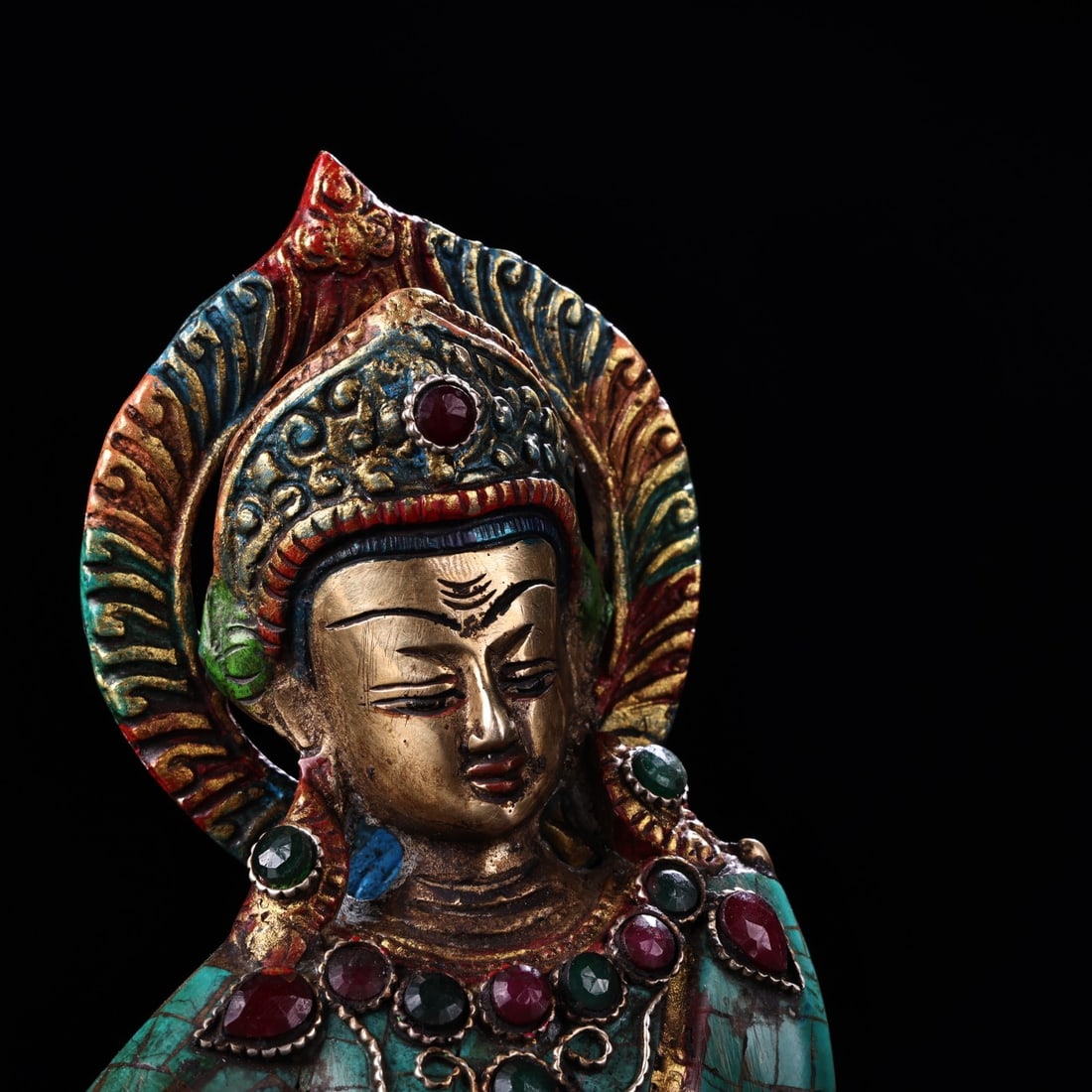 Tibetan Buddhism Gilt Gold Copper Inlay Turquoise & Gems Tara Statue - 4