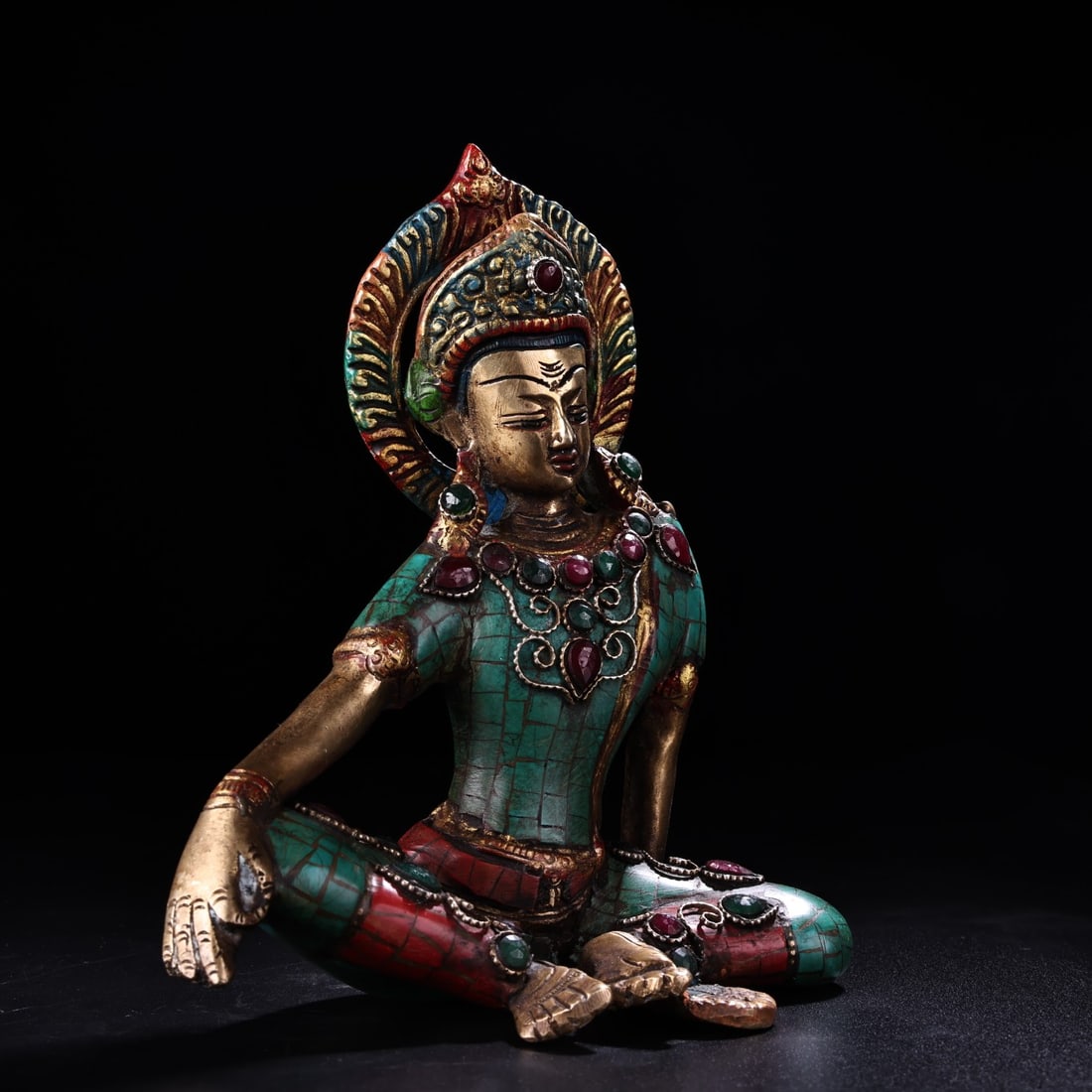 Tibetan Buddhism Gilt Gold Copper Inlay Turquoise & Gems Tara Statue - 5