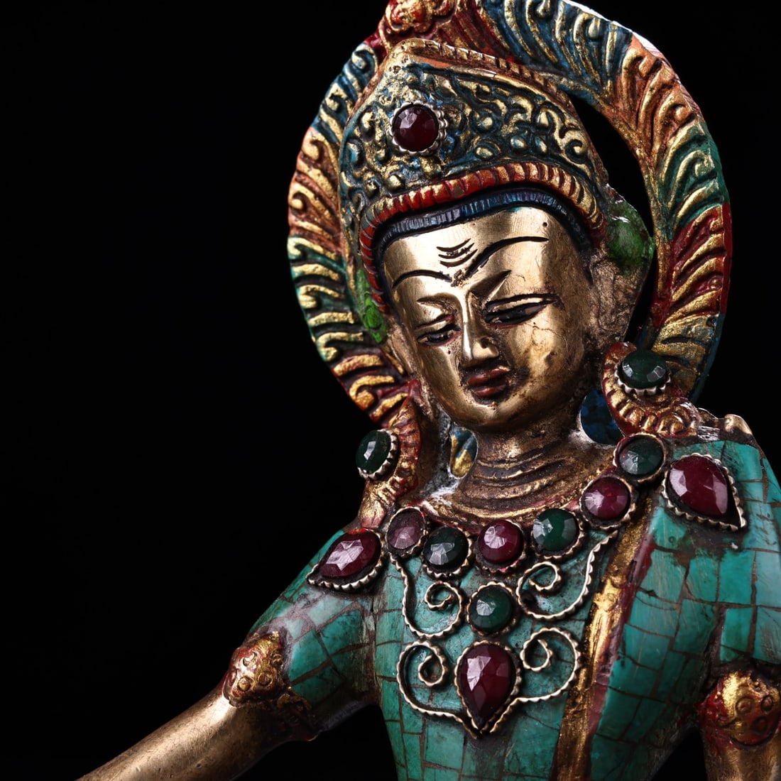 Tibetan Buddhism Gilt Gold Copper Inlay Turquoise & Gems Tara Statue - 7